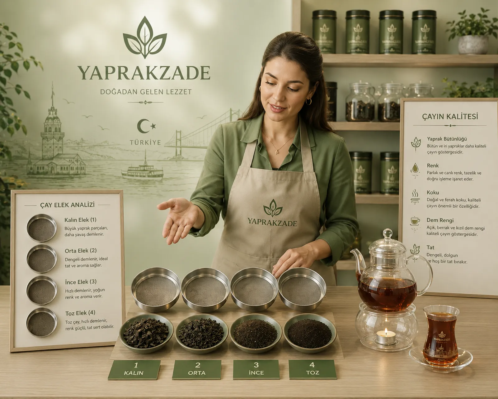 Yaprakzade çay danışmanlığı — 4 elek (Kalın, Orta, İnce, Toz) karşılaştırma ve Karadeniz birinci elek kalite analizi